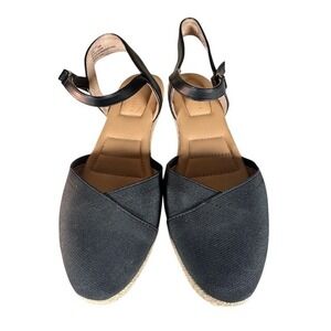 Kelly & Katie Black Canvas Espadrille Wedge Ankle Strap Flats Women's Size 9W